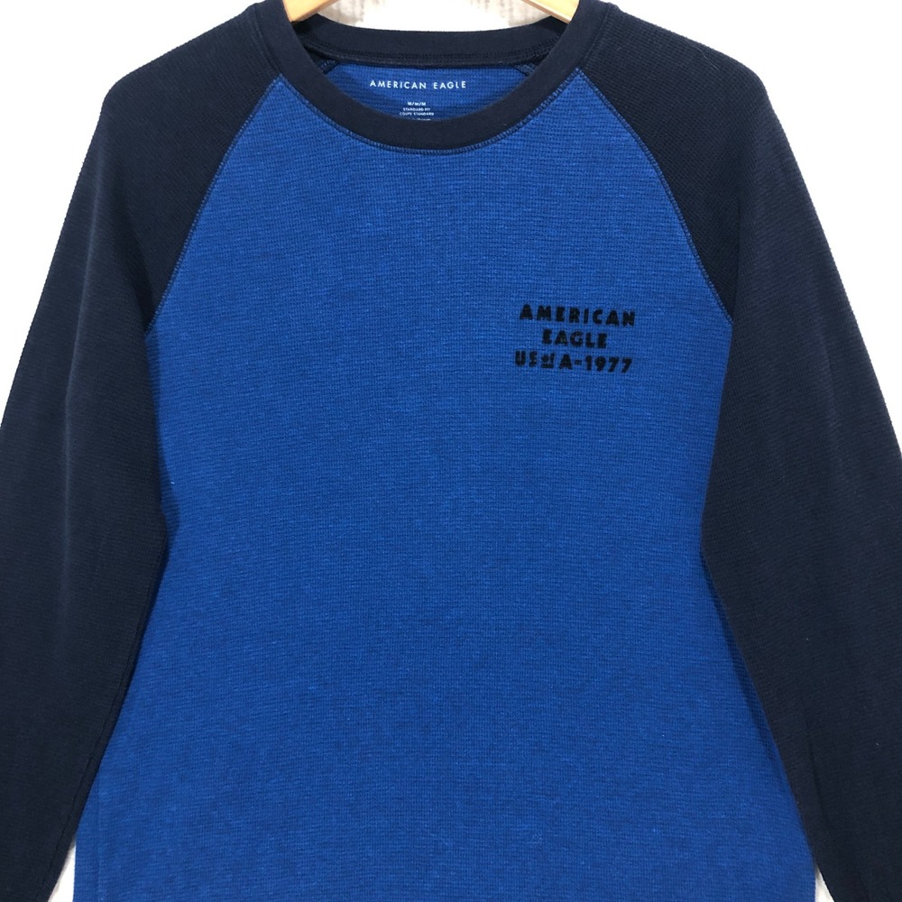 American Eagle Mens Long Sleeve T-Shirt Blue Black Raglan Crew Neck USA-1977